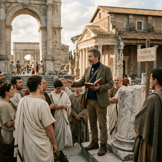Guide addressing group at Roman Forum beneath sign reading FORVM ROMANVM
